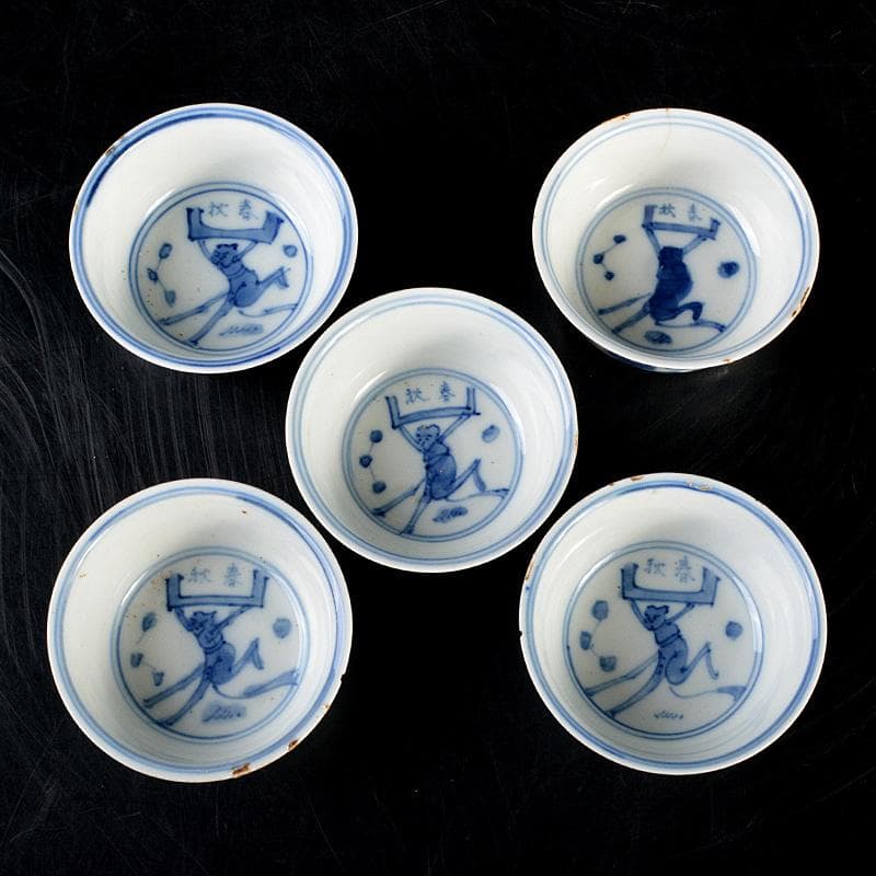 煎茶道具　青花染付　神獣文　煎茶器　五客　時代箱付　M　R7337