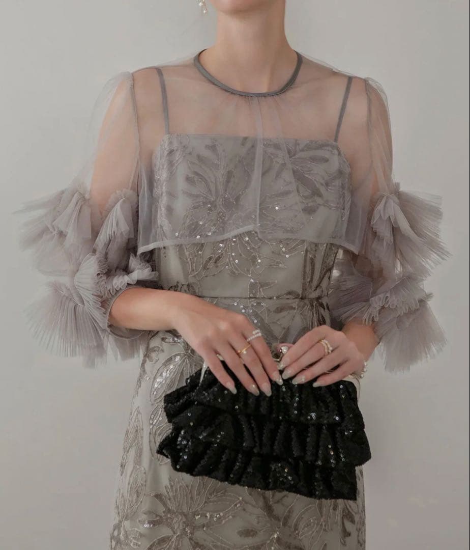 Leja フラワースパンコールチュールフリルスリーブIラインワンピースドレス