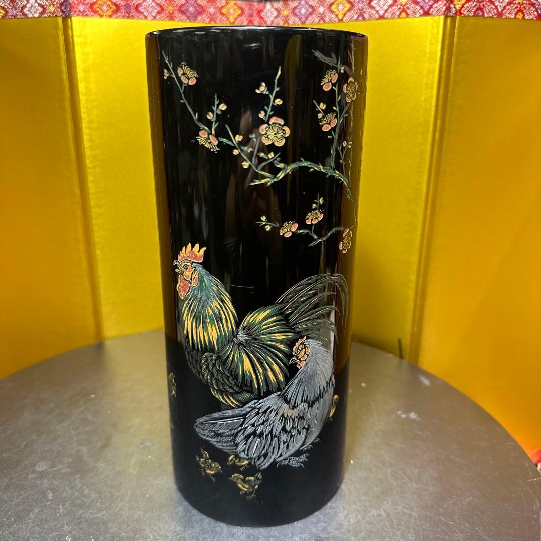 彫漆 漆器 花瓶 花器 置物 鶏と花のデザイン