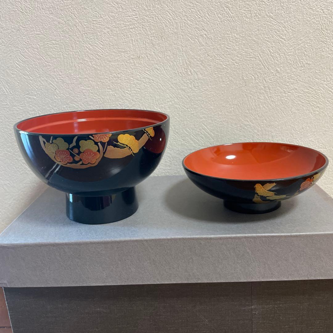 漆器 蓋付　椀5客セット 金色の松竹梅　花模様