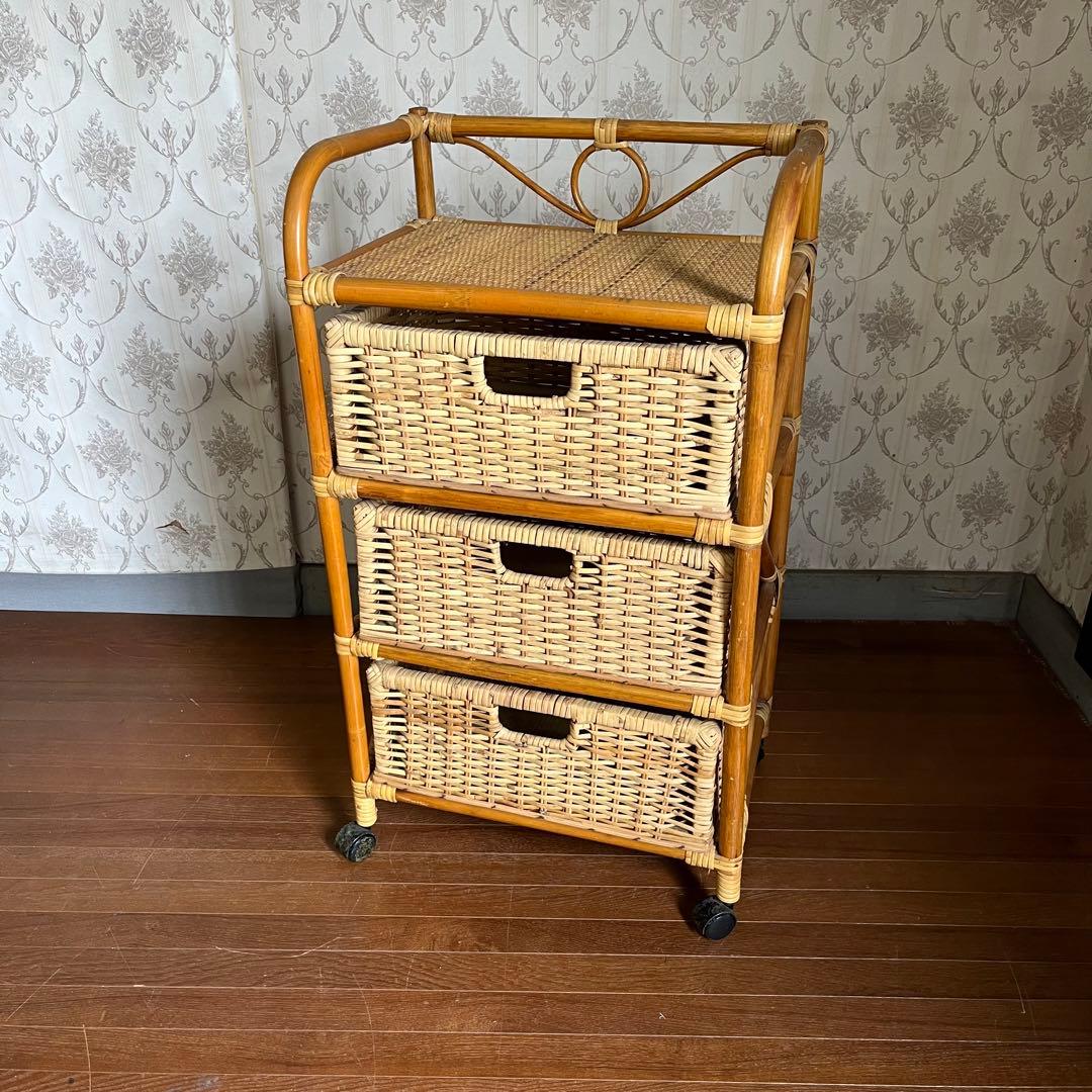 【アンティーク】籐 ラタン キャスター付き ランドリーラック 3段チェスト