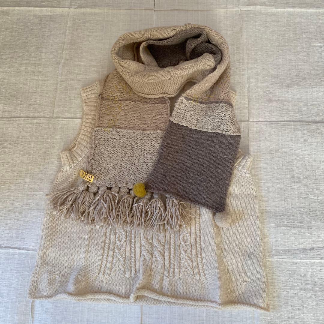 GASA ニットパッチワーク　マフラー　ベージュ系
