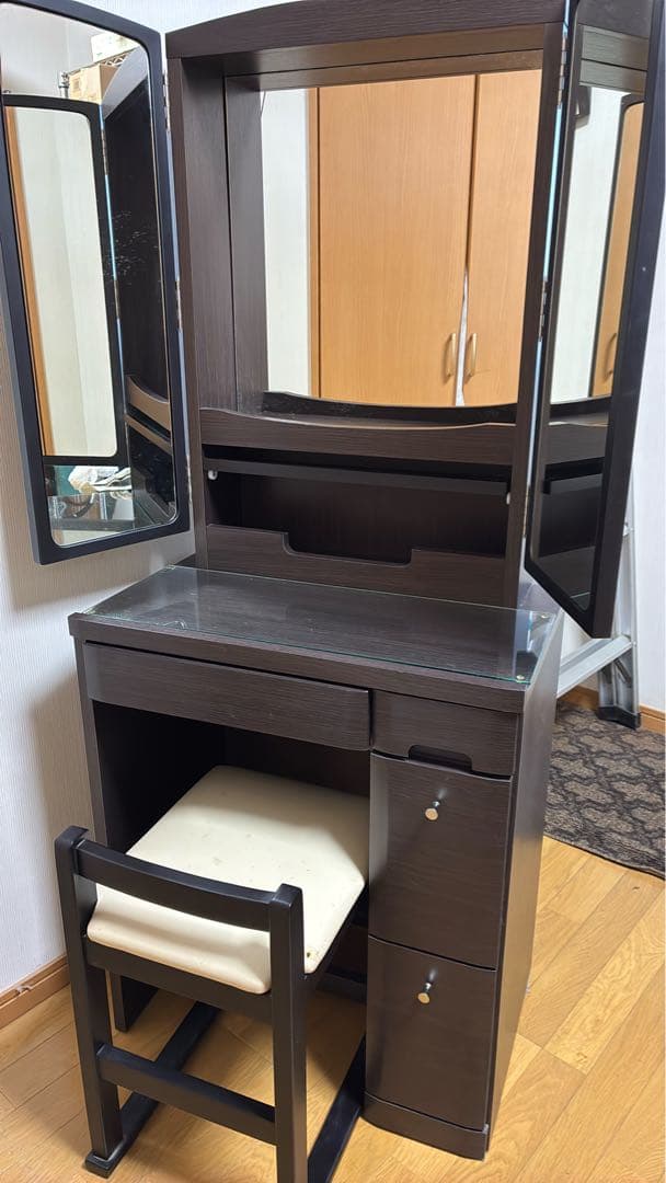 ダークブラウン ドレッサー・鏡台 三面鏡付き