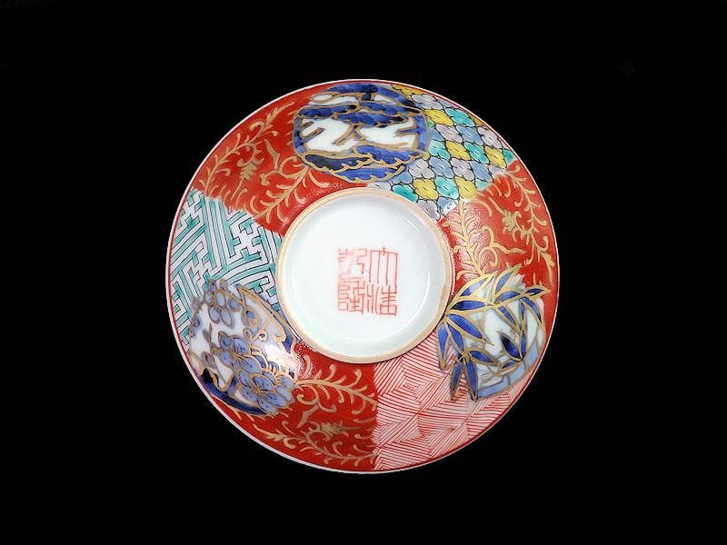 古伊万里　紗綾形紋に金唐草　丸紋に松竹梅の図　大振蓋茶碗　E807AS-CNy