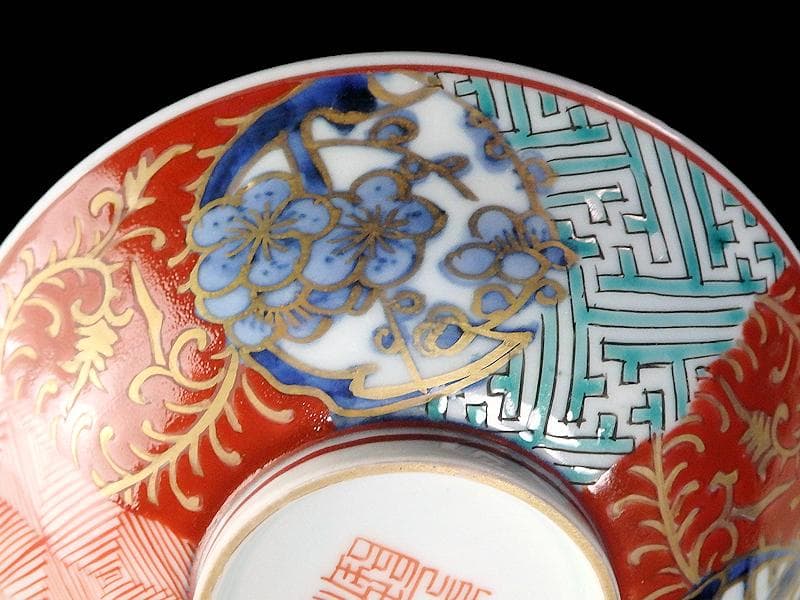 古伊万里　紗綾形紋に金唐草　丸紋に松竹梅の図　大振蓋茶碗　E807AS-CNy