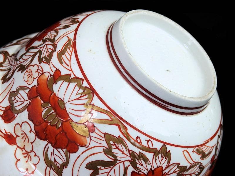 古伊万里　金襴手　輪花　花に柘榴の図　蓋付き深鉢　菓子鉢　E866AS-COk