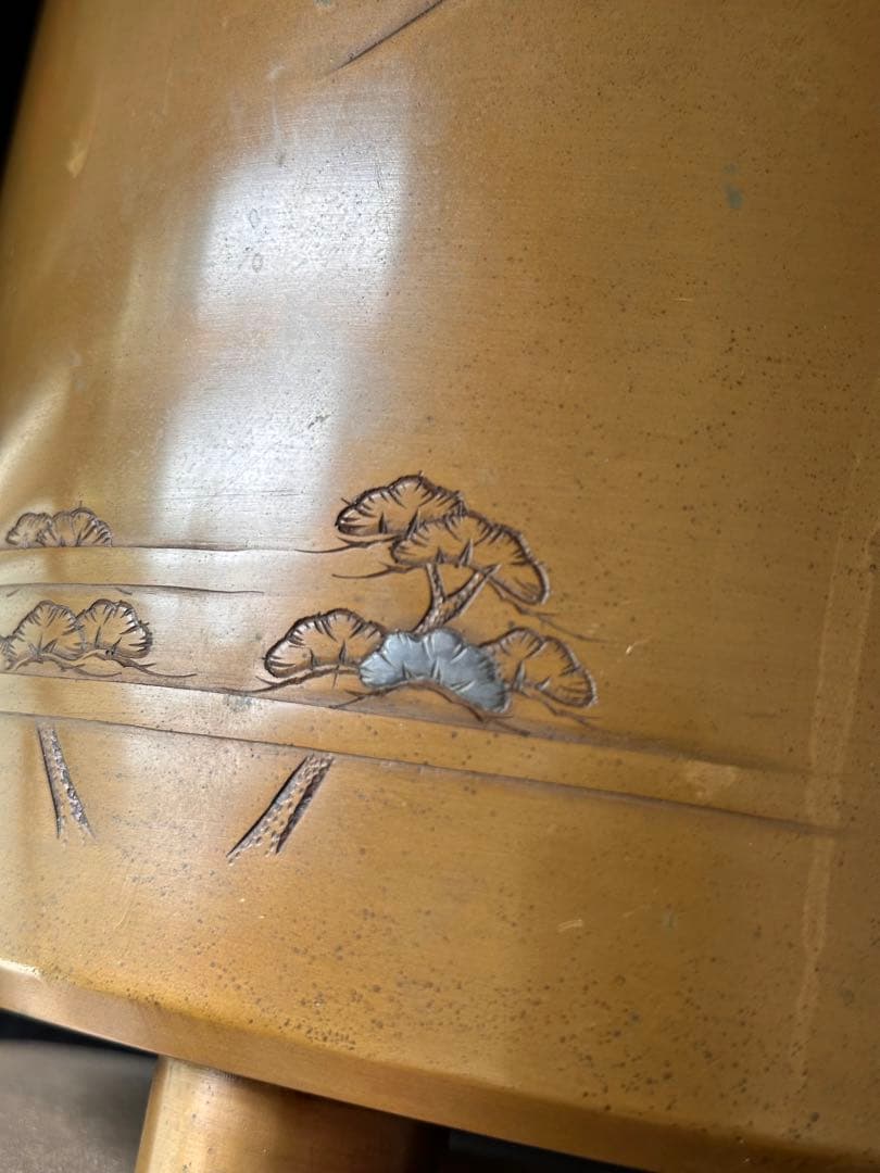 宣徳銅火鉢一対　三保の富士象嵌入れ　一対重量約6.6kg 共箱付