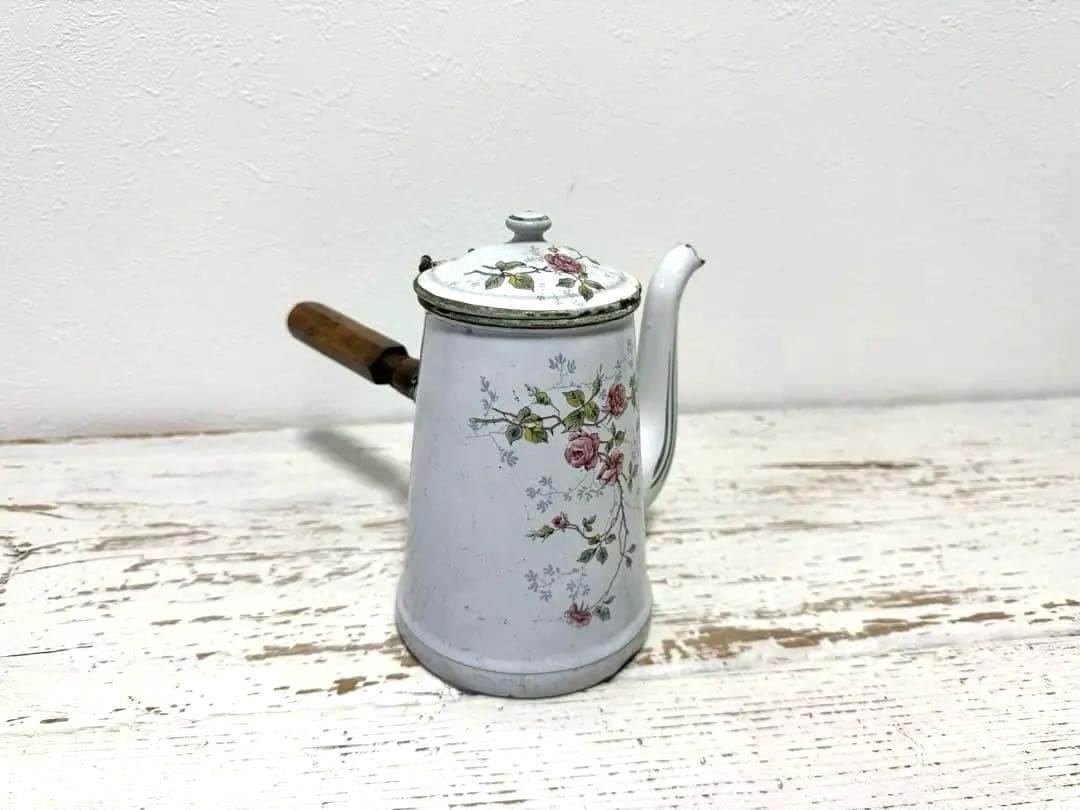 フランスアンティーク BB社 エナメル ホーローポット 薔薇柄 ショコラティエ