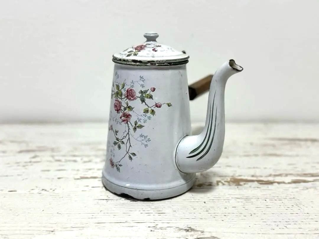 フランスアンティーク BB社 エナメル ホーローポット 薔薇柄 ショコラティエ