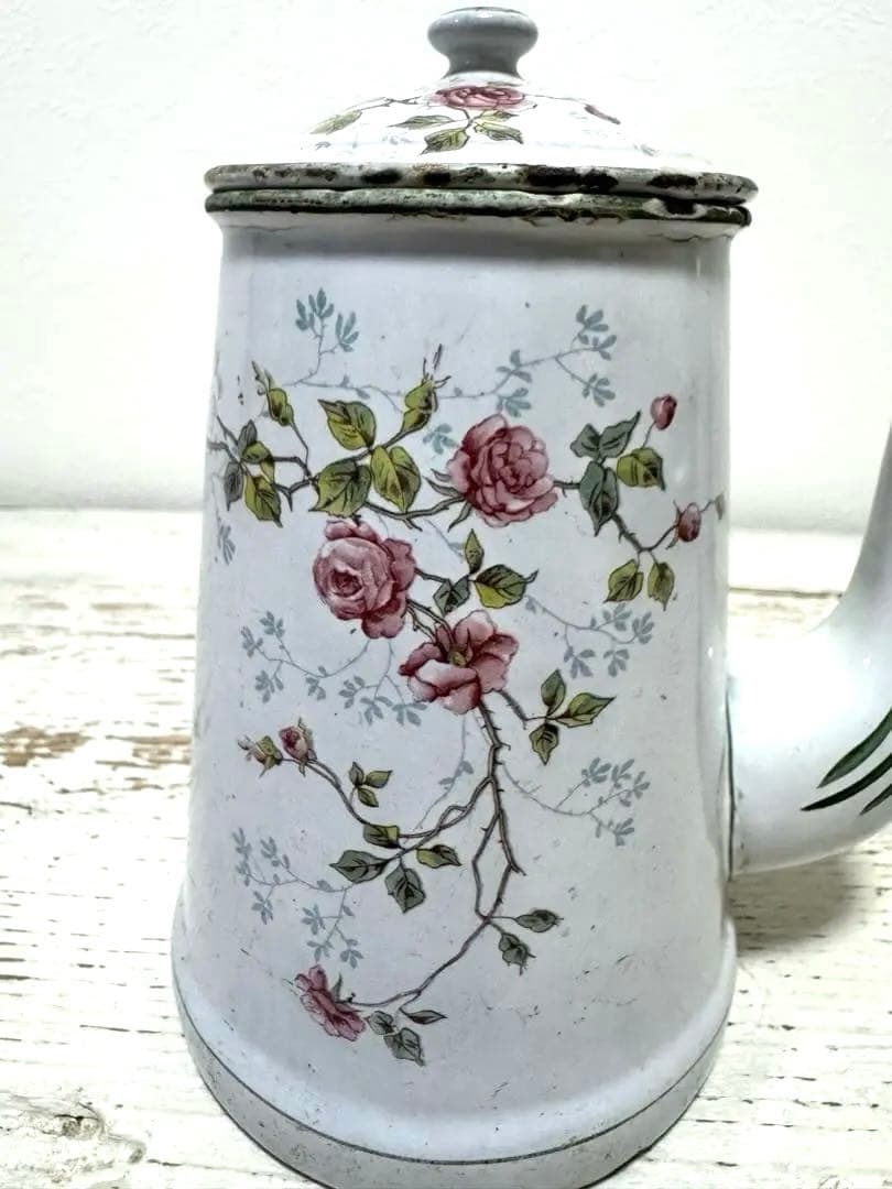 フランスアンティーク BB社 エナメル ホーローポット 薔薇柄 ショコラティエ