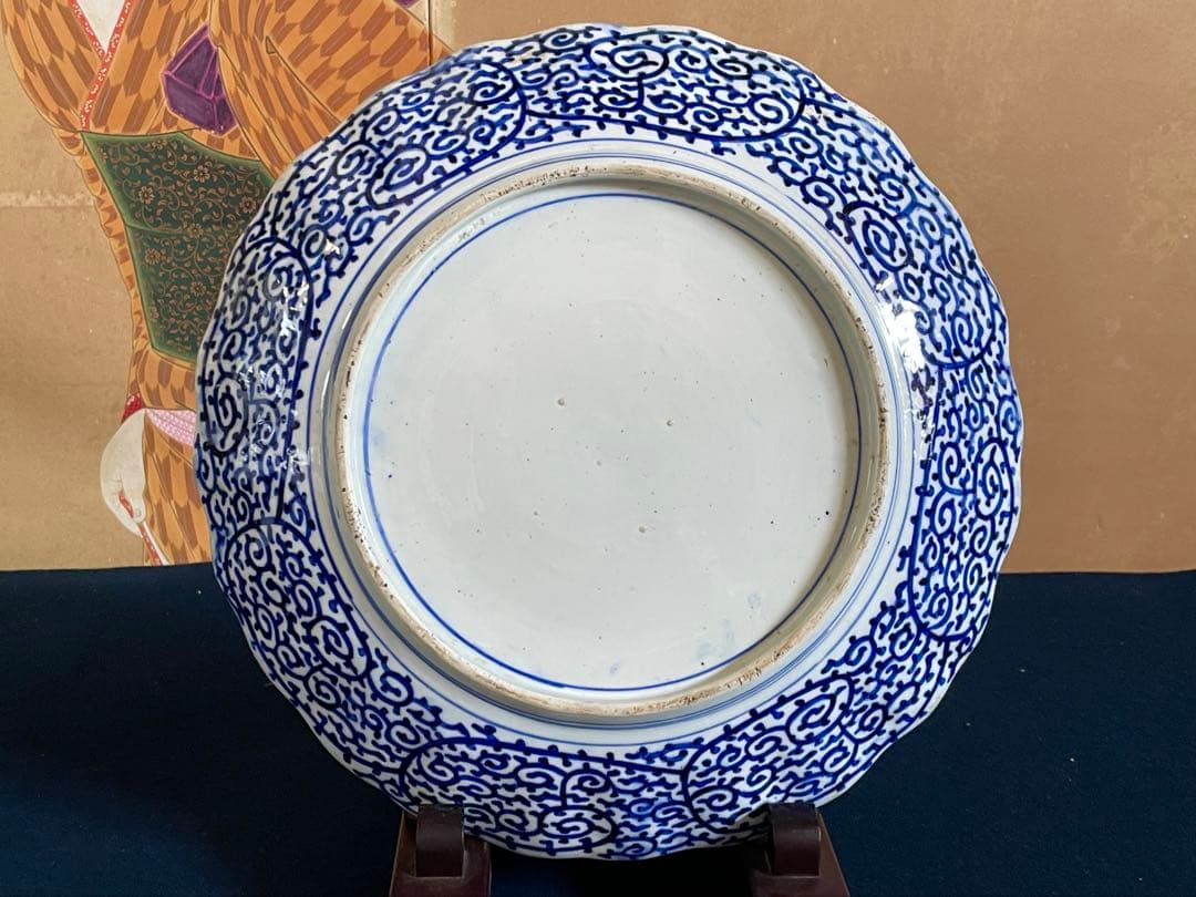 『母』 古伊万里 染付 印判 みじん唐草 尺4寸 大皿 （708D②）