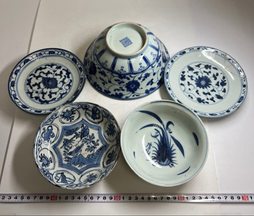 中国明末清朝時代　青草鉢、皿色々　口径約14~18㎝　東Y7-1030②トヒサ