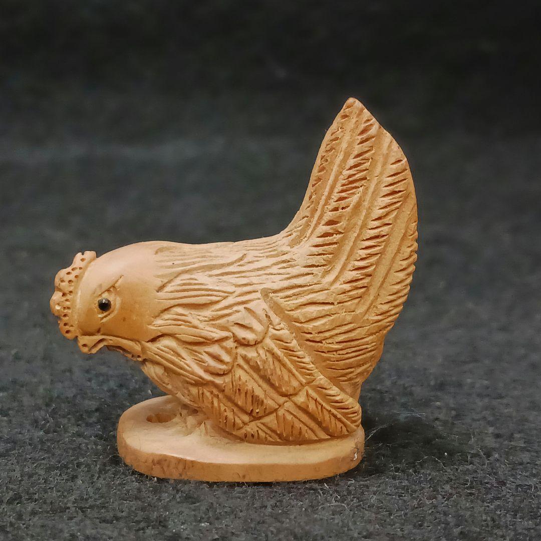 時代物 吉川造 木彫り鶏根付 提物　ひ