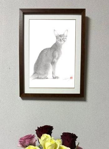 鉛筆アート「アビシニアン」オリジナル、真筆、1点物