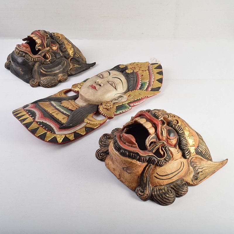 バリ島　インドネシア　彩色木彫　面　マスク　3点まとめて　N　R9428B