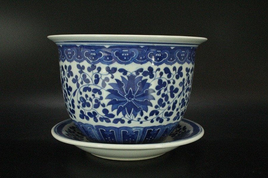 中国美術 青花 纏枝蓮花紋 花盆 盆盤 景徳鎮製 款 N813