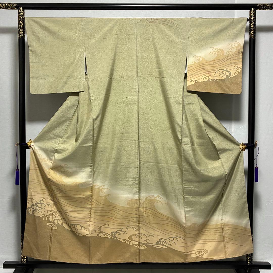 D38 訪問着 牛首紬 荒波 正絹 着物 袷 極美品