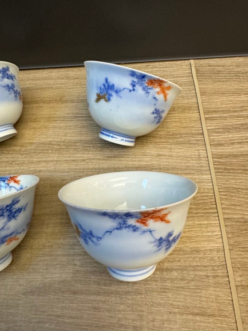 1522 深川製磁　染付紅葉　湯呑4客　時代物