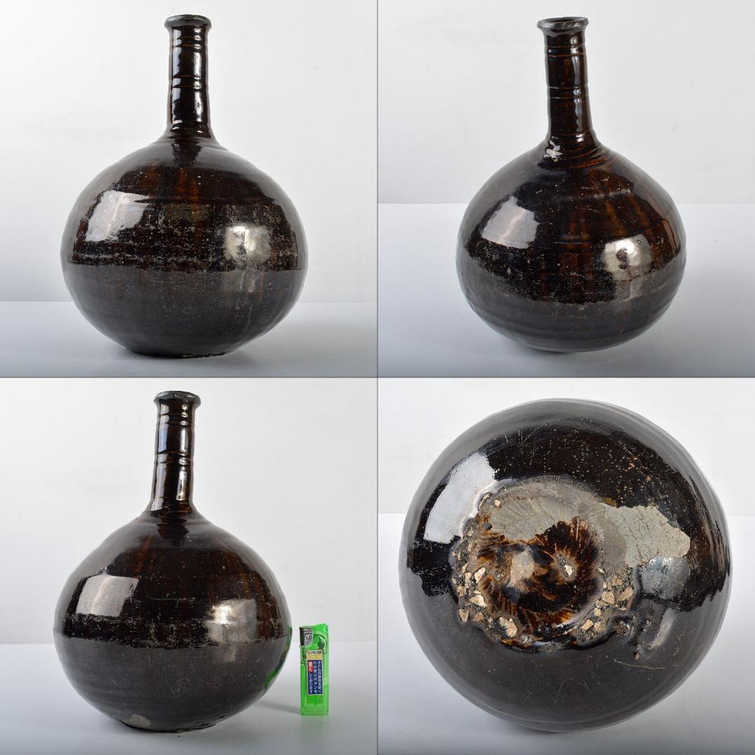 朝鮮　李朝　黒釉壷　鶴首瓶　時代箱付　M　R4425B
