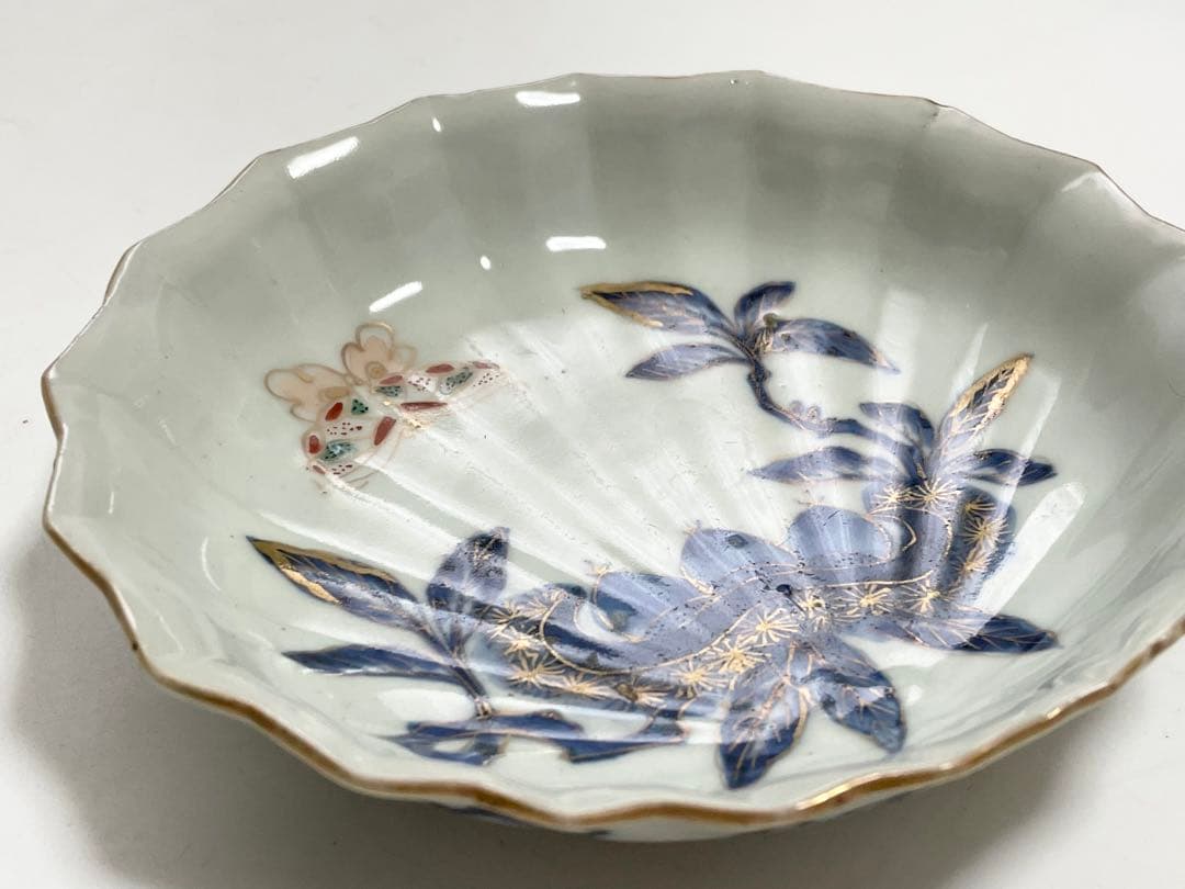 古伊万里　骨董　色絵　金彩　栗に蝶々の図　秋　輪花縁　なます皿　膾皿