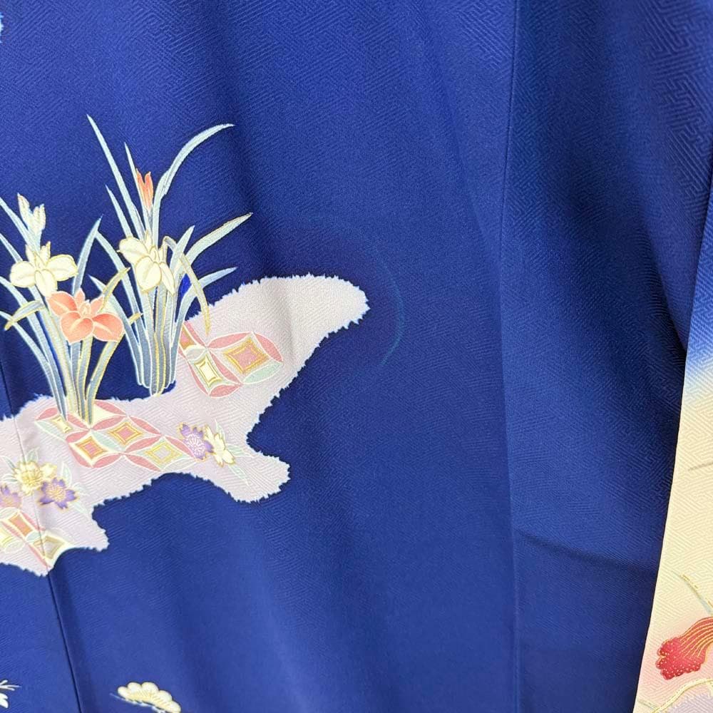 振袖 正絹 青 白 古典花柄 裄70㎝ 成人式 中古 b-66