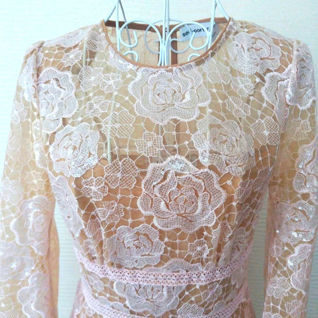 セルフポートレイト ローズレース スパンコール ドレス ピンク UK6/US2