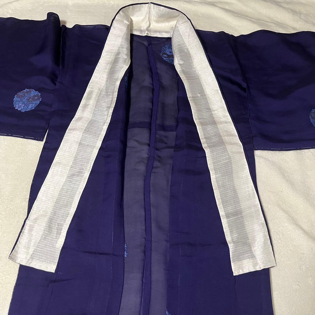 美品 着物 正絹 絽 夏物 単衣 小紋 刺繍 花丸紋 花柄 青 紫系 しつけ有