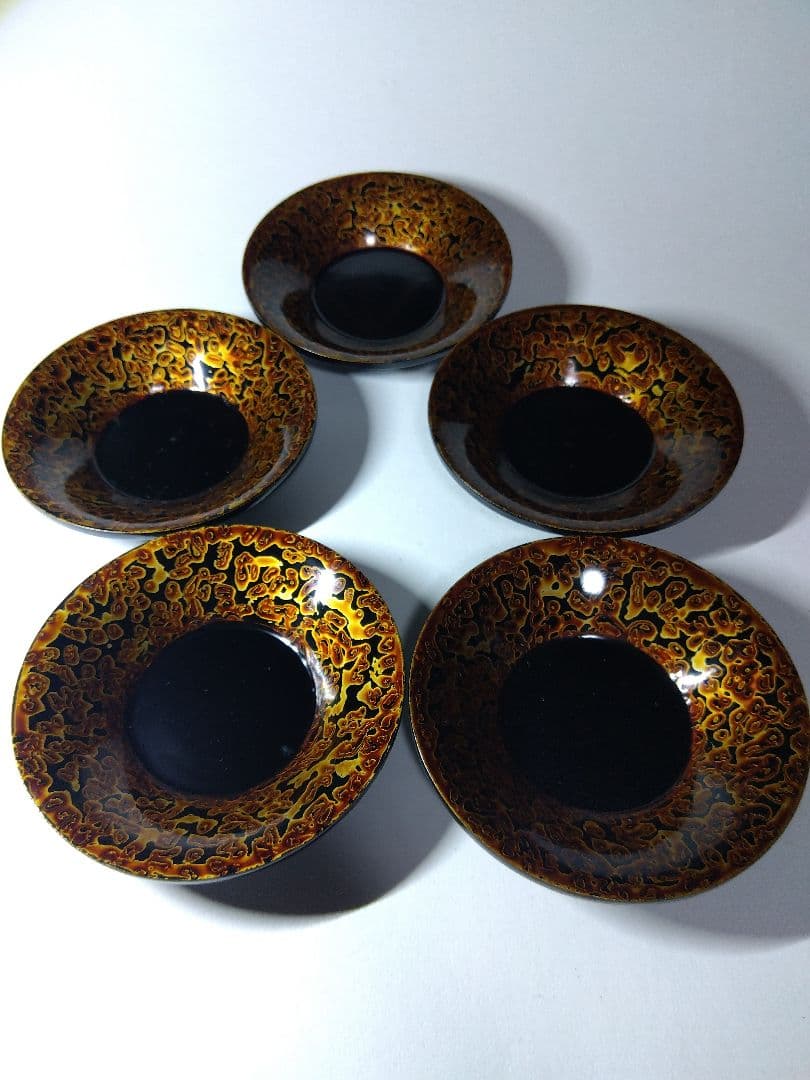 昭和レトロ　5個　会津塗　金虫喰塗　国産漆器　折笠漆器店　約9×2㎝