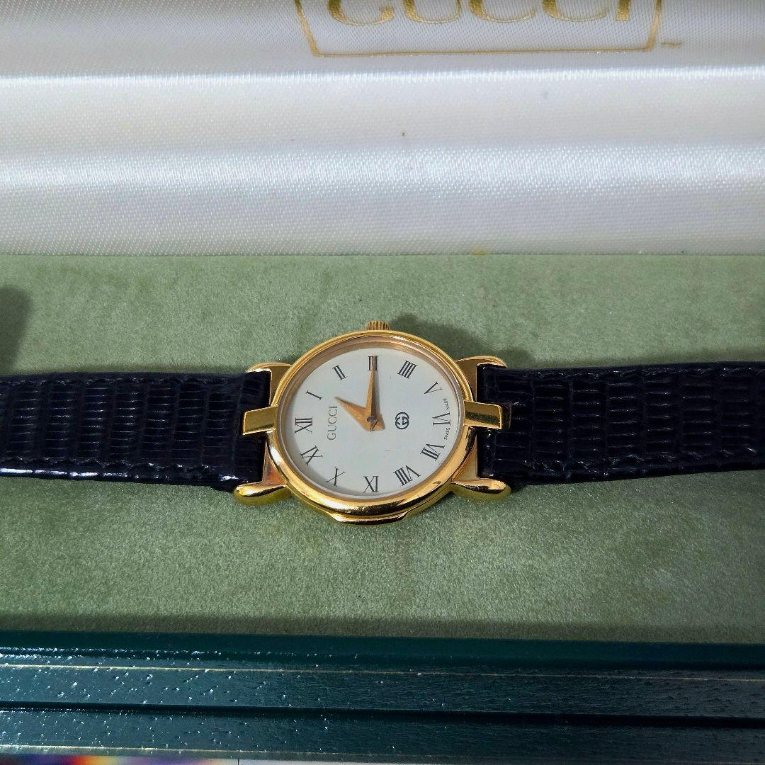 唯一の【GUCCI】ヴィンテージ 3400L ゴールド腕時計ブラックレザーベルト
