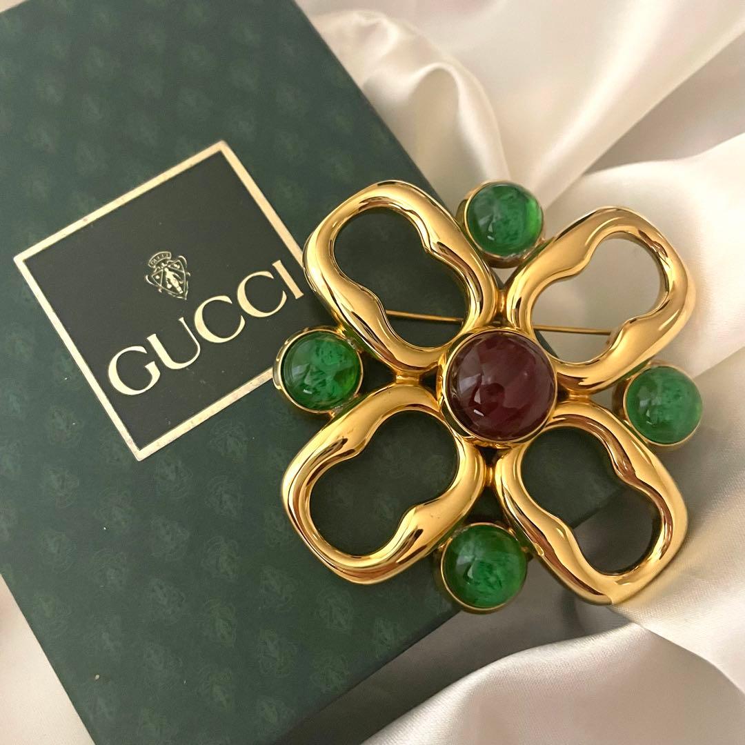 希少　GUCCI グッチ　ブローチ　大ぶり　カラーストーン　ゴールド　美品