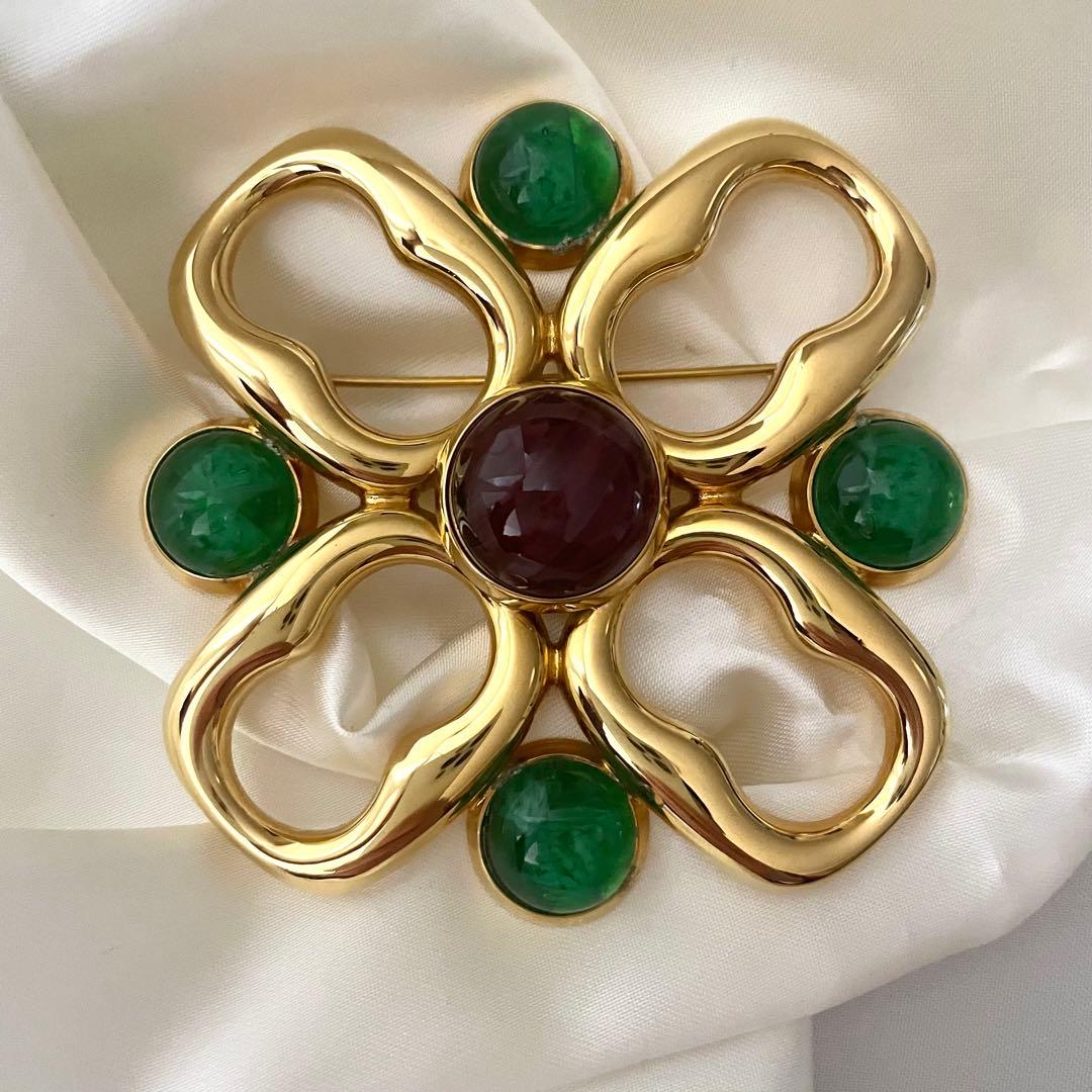 希少　GUCCI グッチ　ブローチ　大ぶり　カラーストーン　ゴールド　美品