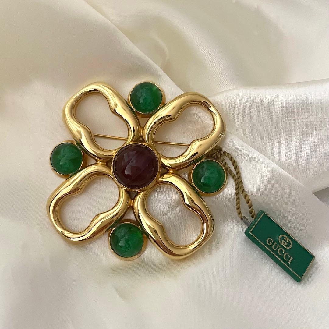 希少　GUCCI グッチ　ブローチ　大ぶり　カラーストーン　ゴールド　美品
