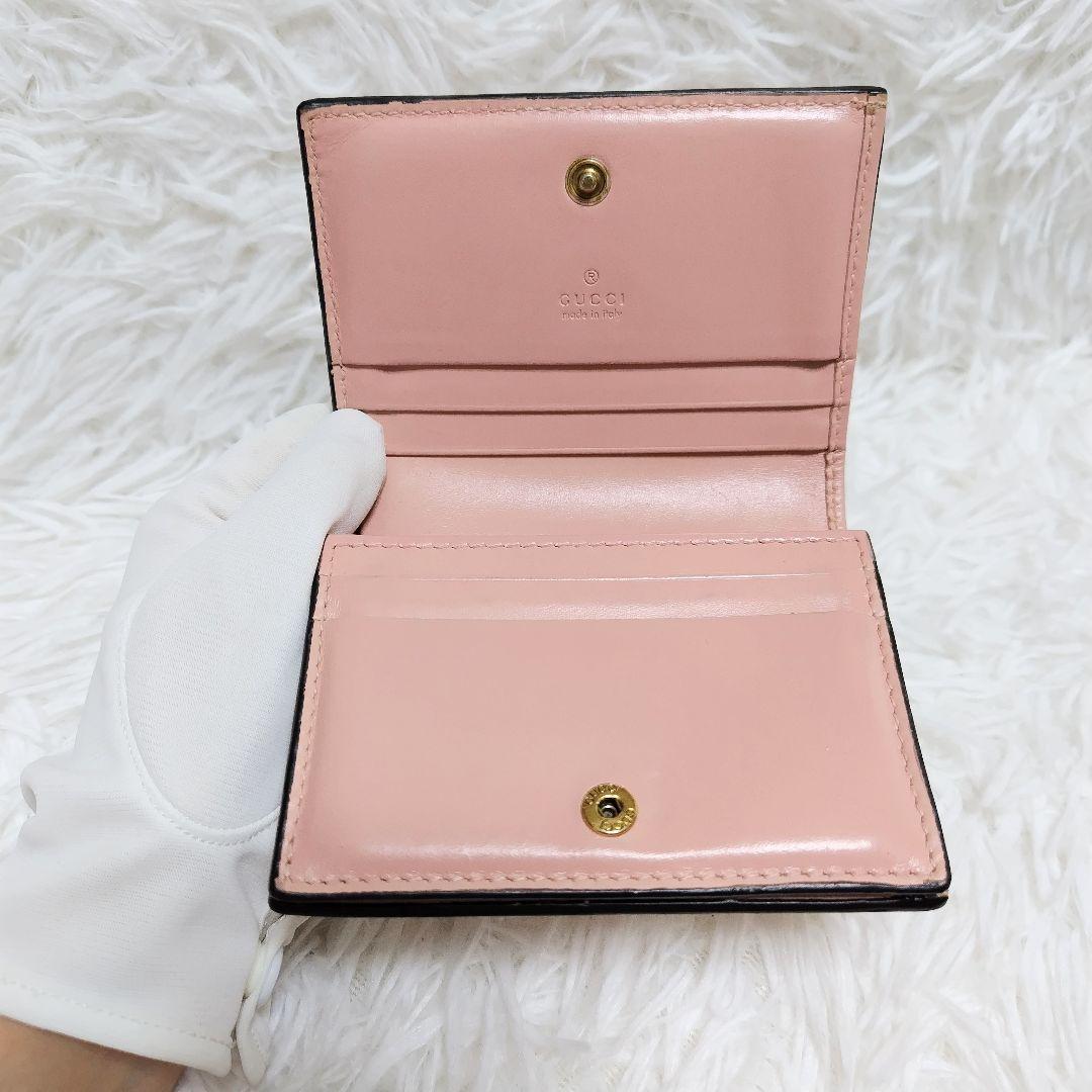 レア美品✨グッチ◇アニマリエキャット二つ折り財布　ゴールド金具シマピンク