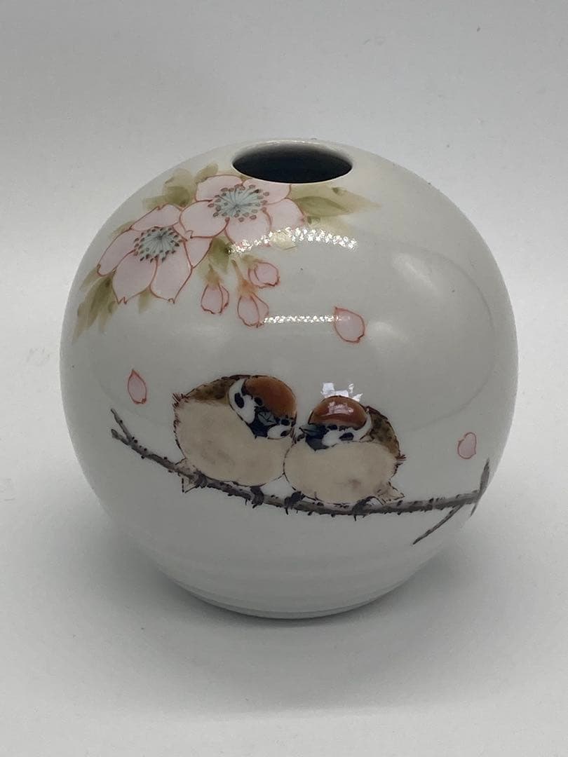 雀と桜の九谷焼花入