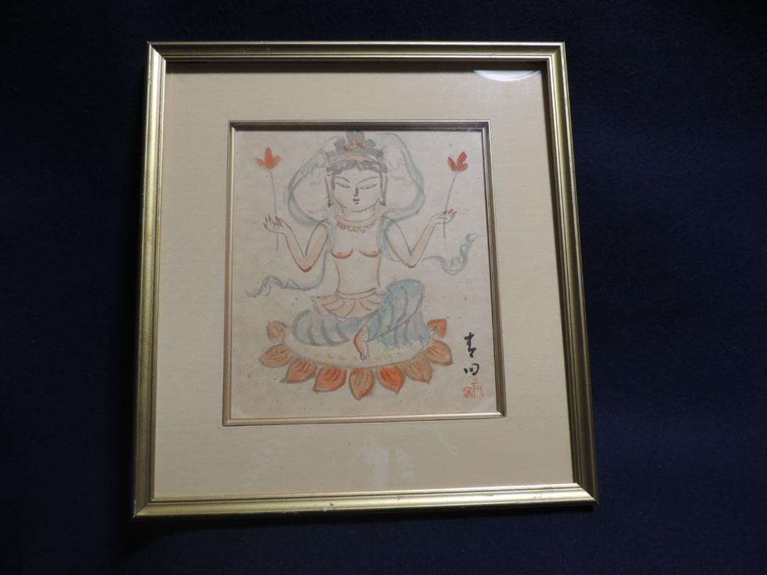 色紙、額装「天女？観音？図」中村青田、日展審査員＞仏教、仏像、肉筆