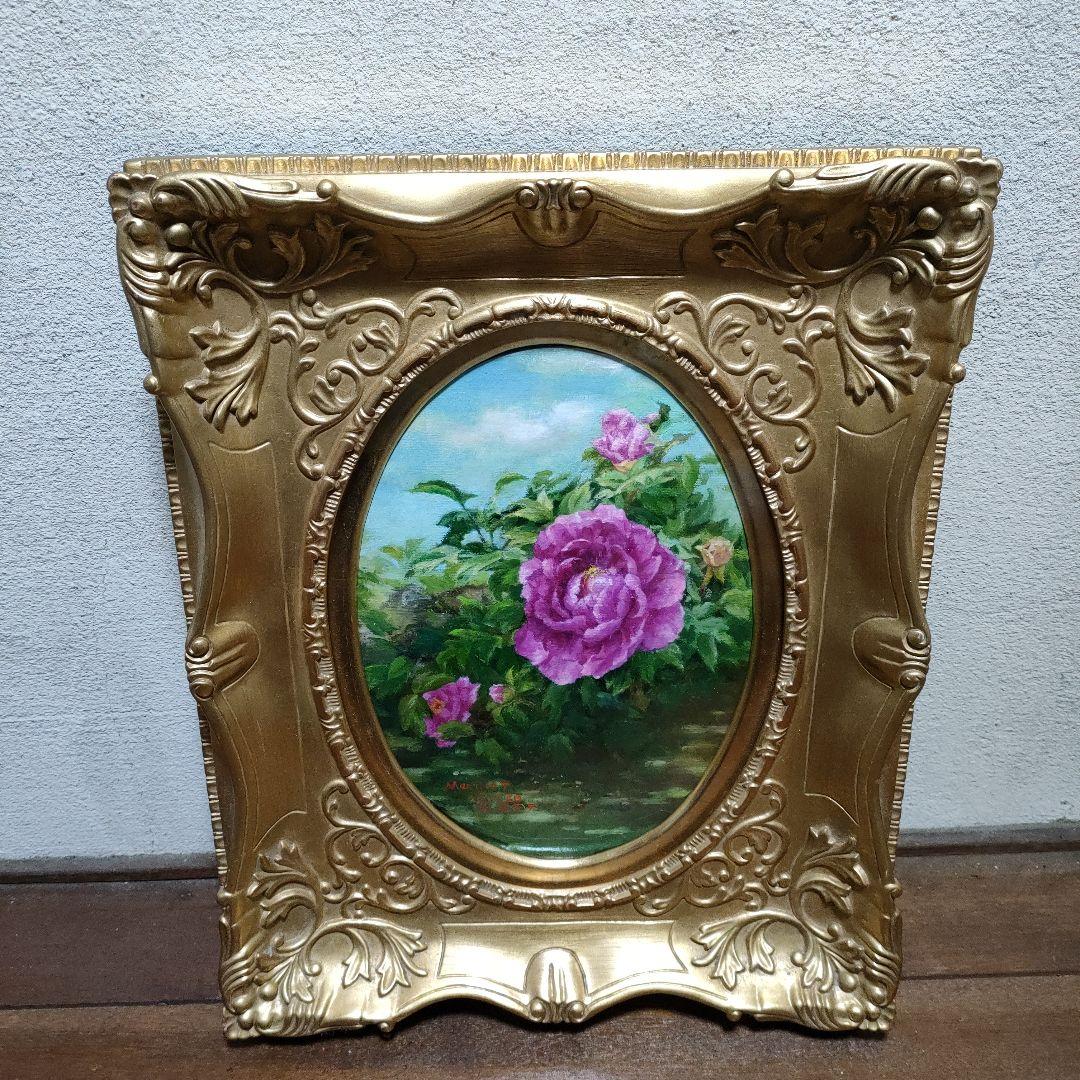 紫色のバラ 油彩画 金色フレーム