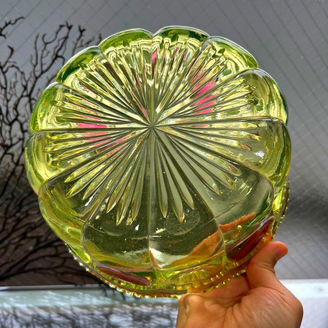 骨董　時代プレス　ラスター彩釉薬　ギザフチ　大鉢　菓子器　ウランガラス