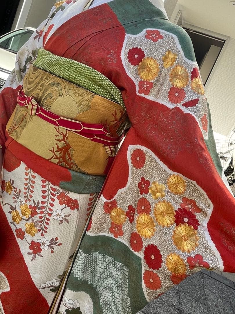 正絹　振袖　長襦袢　袋帯3点セット　古典柄　白系