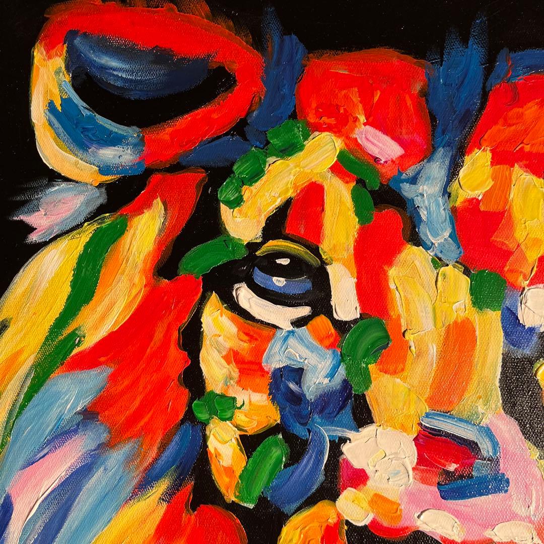 手書き油絵 七色のライオン 額付 肉筆絵画 インテリア 油彩画