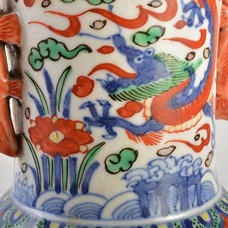 中国　大明萬暦年製款　赤絵　雲龍花文　双魚耳瓶　時代箱付　M　R7343