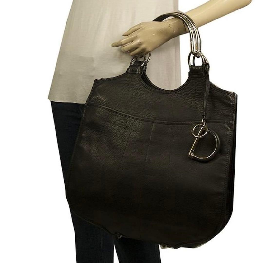 Christian Dior Dチャーム付き ブラックレザーハンドバッグ トート