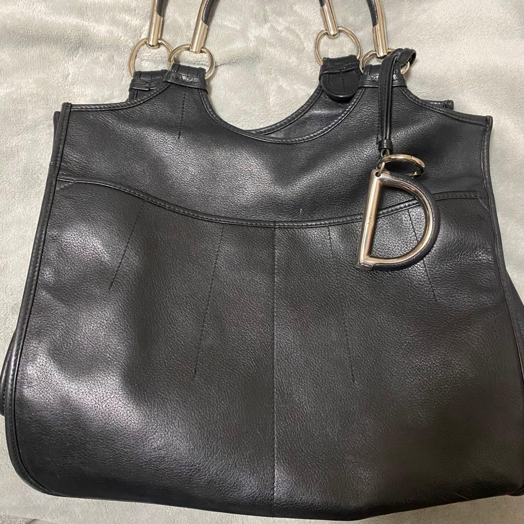 Christian Dior Dチャーム付き ブラックレザーハンドバッグ トート