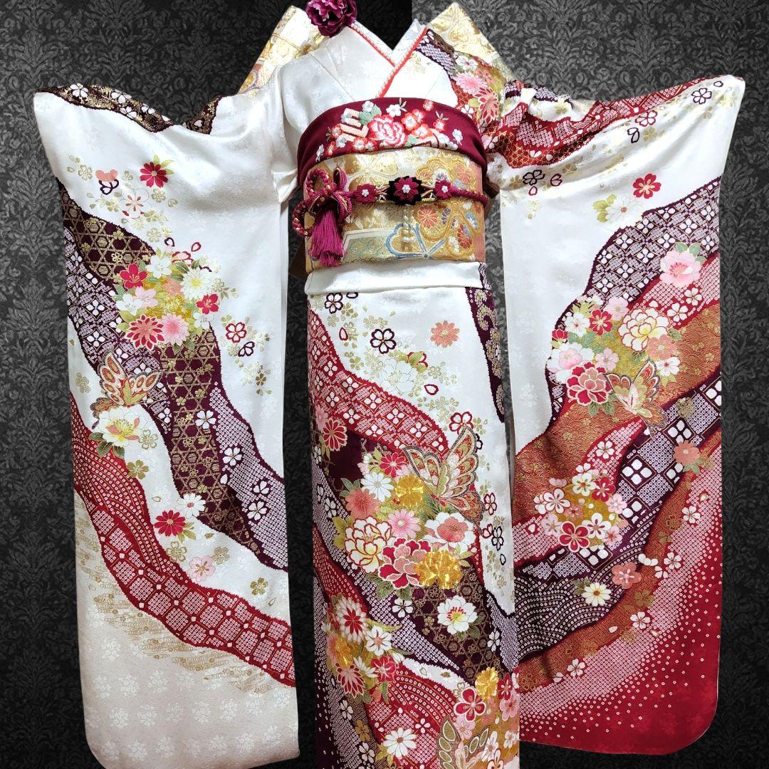 振袖フルセット(7点)・成人式・古典柄・金彩加工・金駒刺繍・地紋・絞り柄・正絹