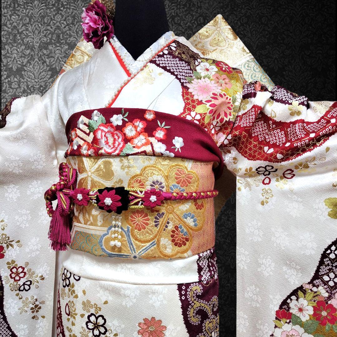 振袖フルセット(7点)・成人式・古典柄・金彩加工・金駒刺繍・地紋・絞り柄・正絹