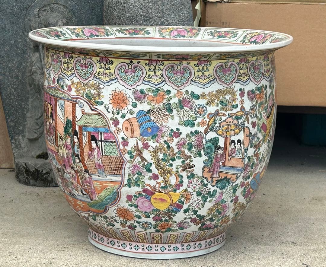 中国　粉彩人物花卉紋　植木鉢　大清乾隆年製銘　送料込み0717
