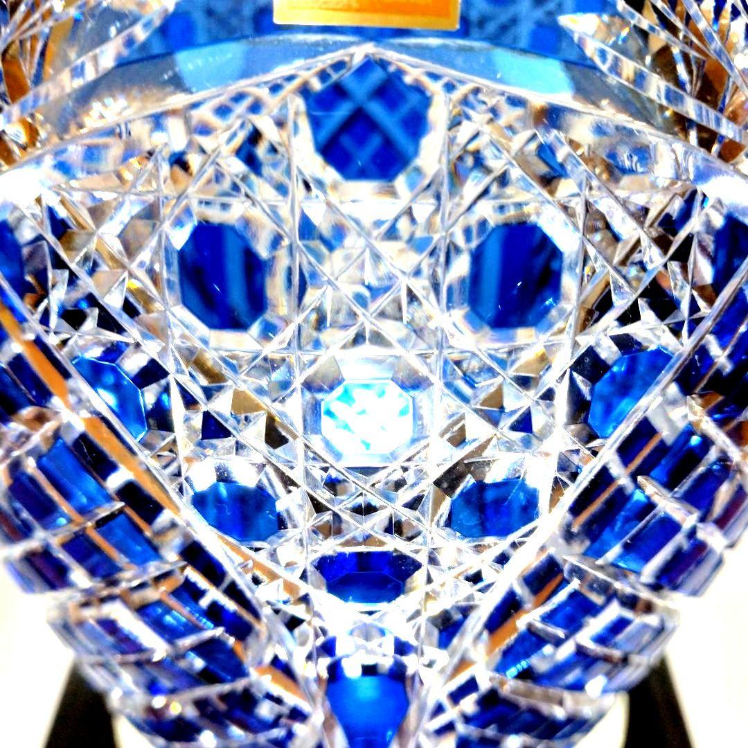 新品未使用カガミクリスタル江戸切子笹っ葉八角籠目文花瓶花器フラワーベース薩摩切子