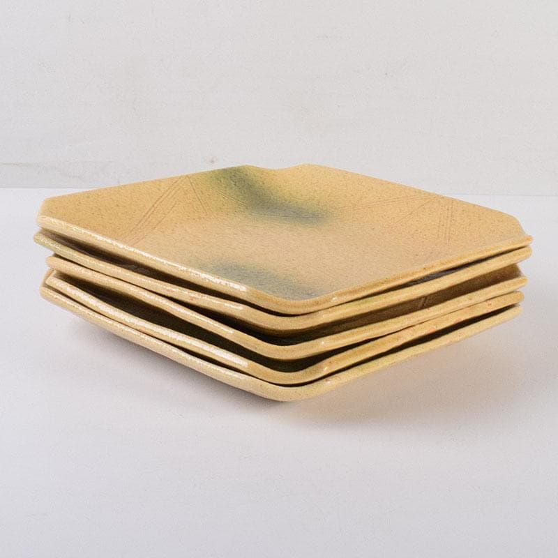 和食器　瀬戸焼　黄瀬戸　美濃不二窯　佐藤和子造　角皿　5客　共箱　VR7786C