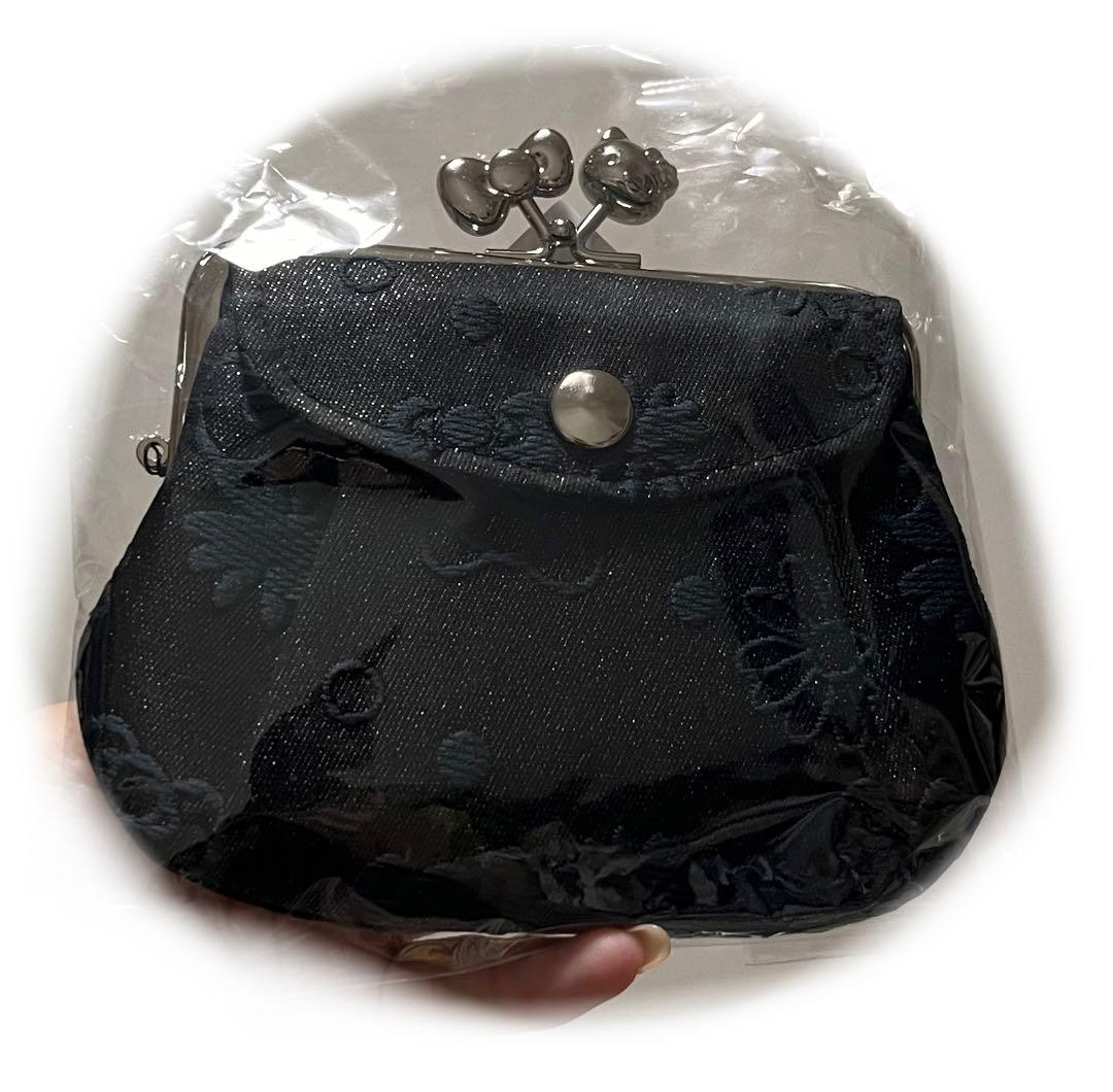 ハローキティふくれ織親子がま口　財布　はろうきてぃ　京都ジャガードラメ　ブラック