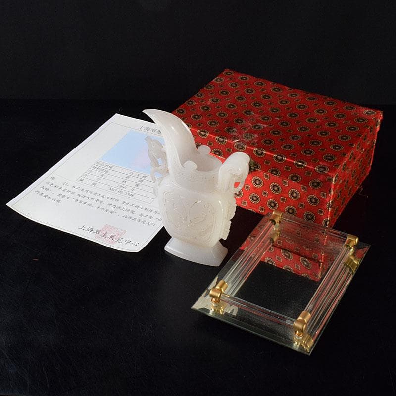 中国　玉石白玉彫刻　林權作　白玉樽　証明書・鏡面台付　V　R8720