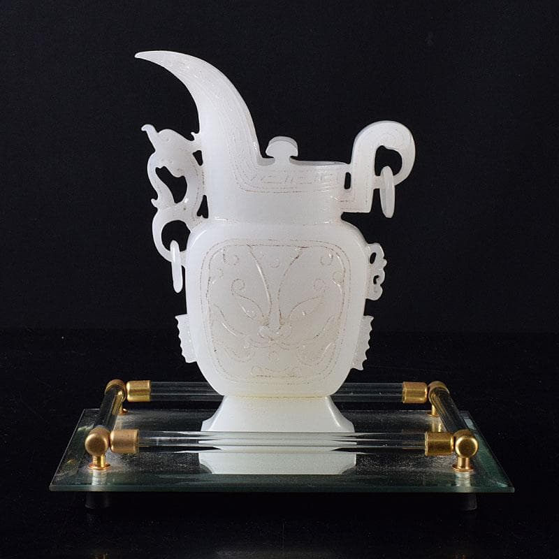 中国　玉石白玉彫刻　林權作　白玉樽　証明書・鏡面台付　V　R8720